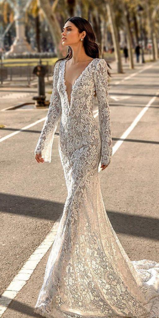 long sleeve wedding dresses sheath deep v neckline lace julievinobridal