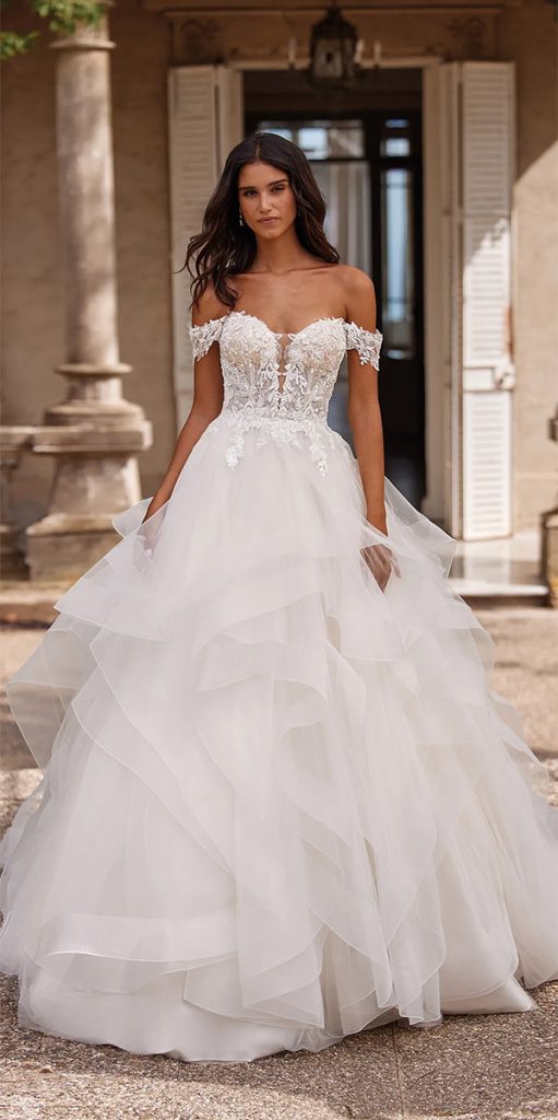 modern wedding dresses ball gown lace ruffled skirt nicole milano