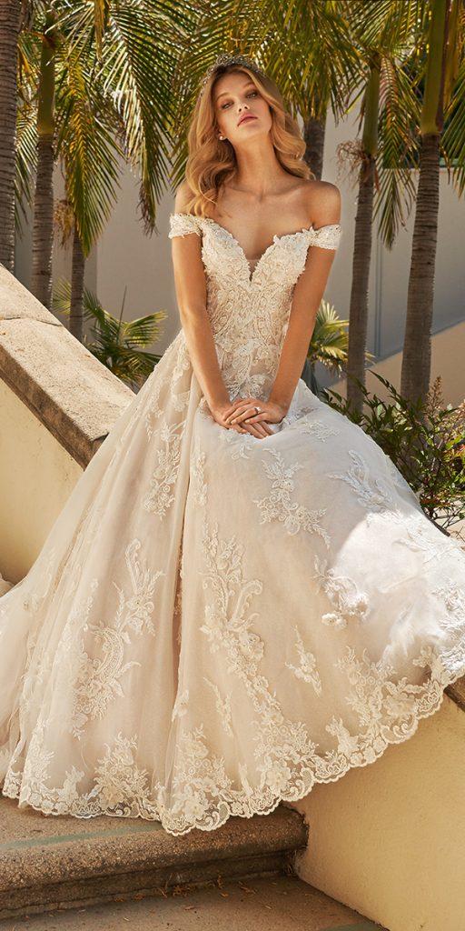 romantic bridal gown off the shoulder sweetheart neckline lace val stafani