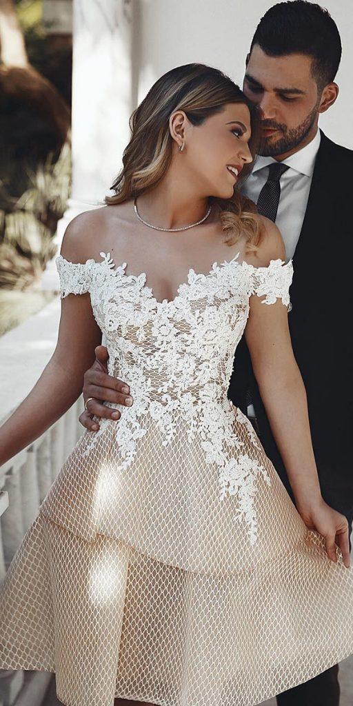 short wedding dresses off the shoulder lace floral beige saidmhamadofficia