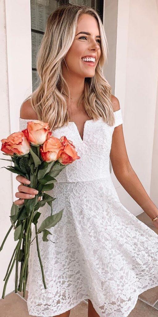 short wedding dresses off the shoulder lace white for beach davidsbridal