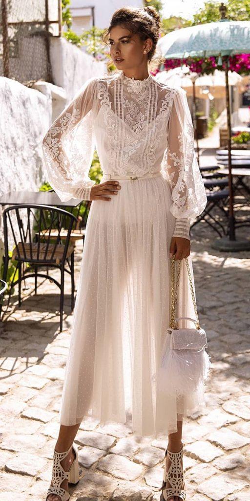 tea length wedding dresses with long sleeves lace delicate rustic country oksana mukha