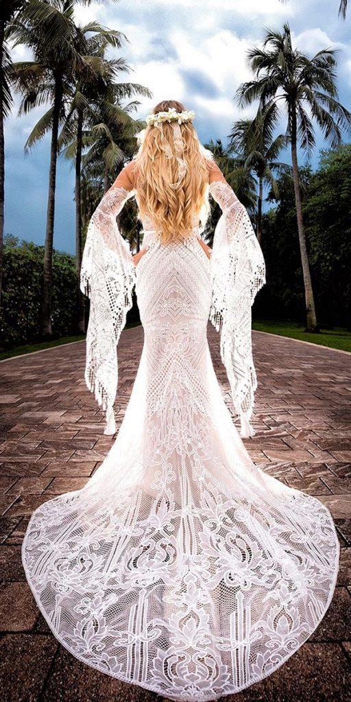 unique lace wedding dresses fit and flare with sleeves train adamoprisphotography