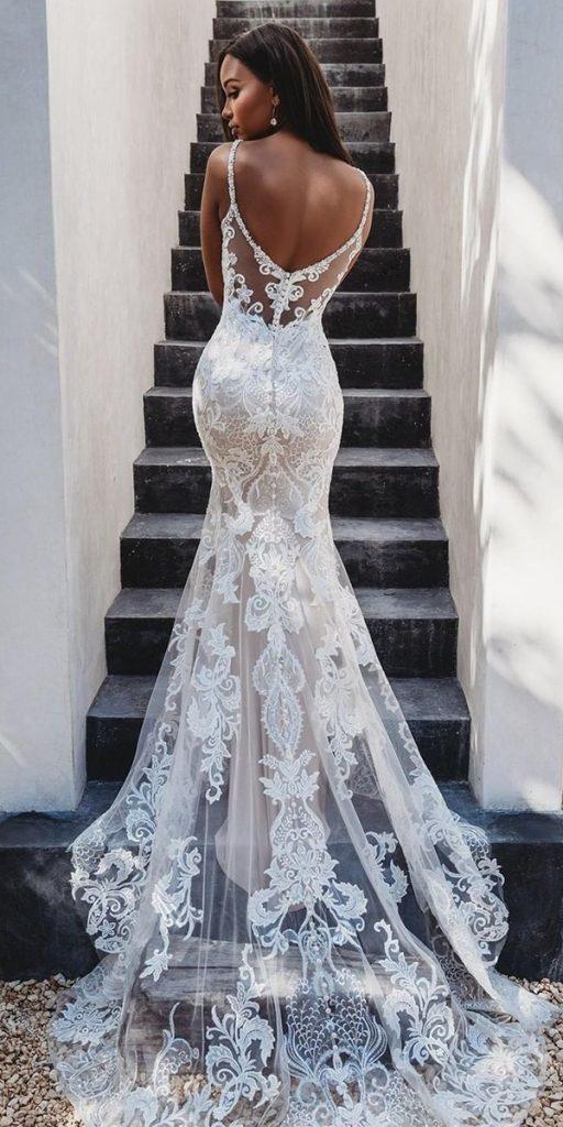 uniquelace wedding dresses fit and flare with spaghetti straps full lace train allure
