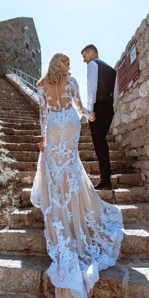 unique lace wedding dresses illusion back with sleeves demetriosbride