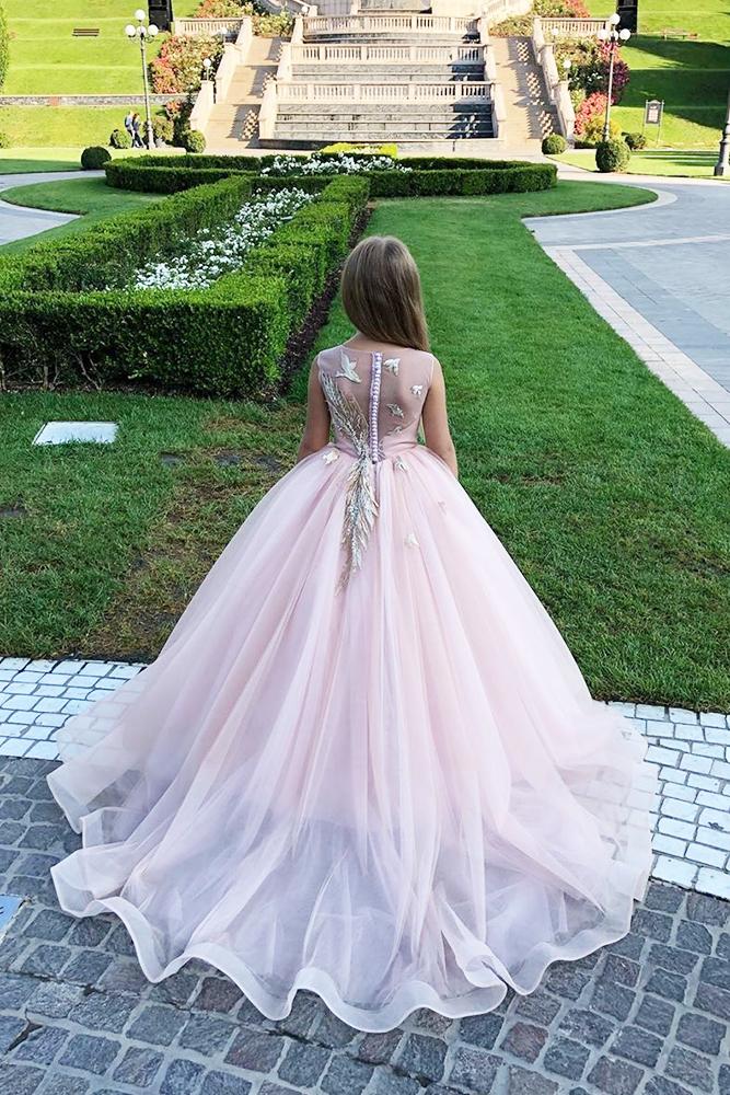 vintage flower girl dresses princess pink illusion back lace kingdom boutique