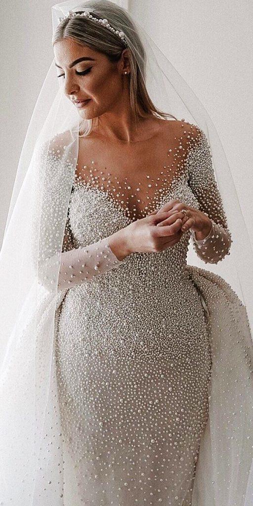 vintage wedding dresses necklinewith long sleeves overskirt jeweled pearls leahdagloria