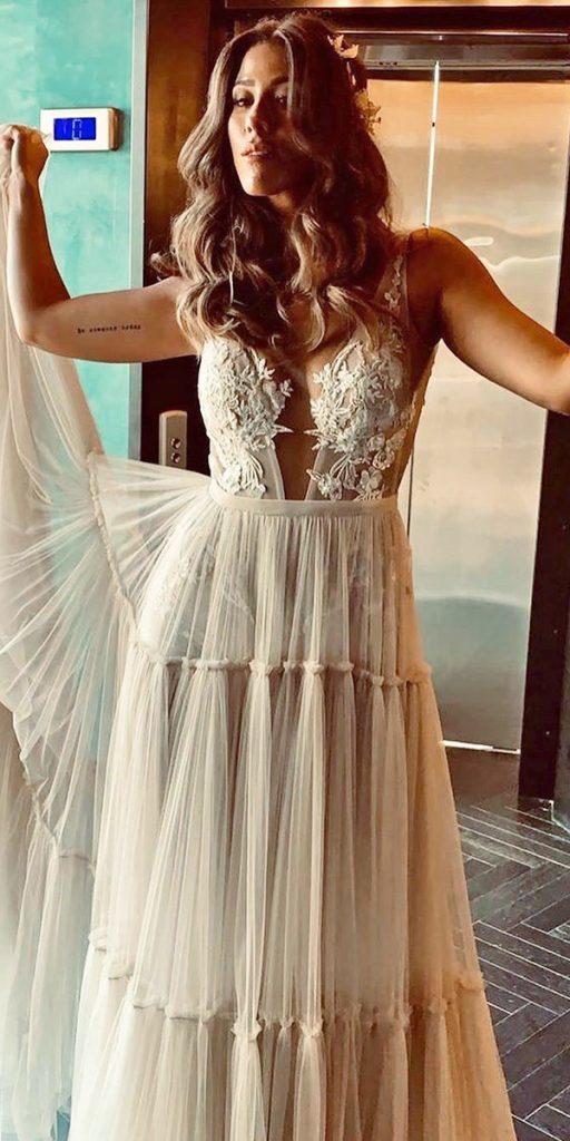 a-line-wedding-dressesa line sexy deep v neckline lace boho berta