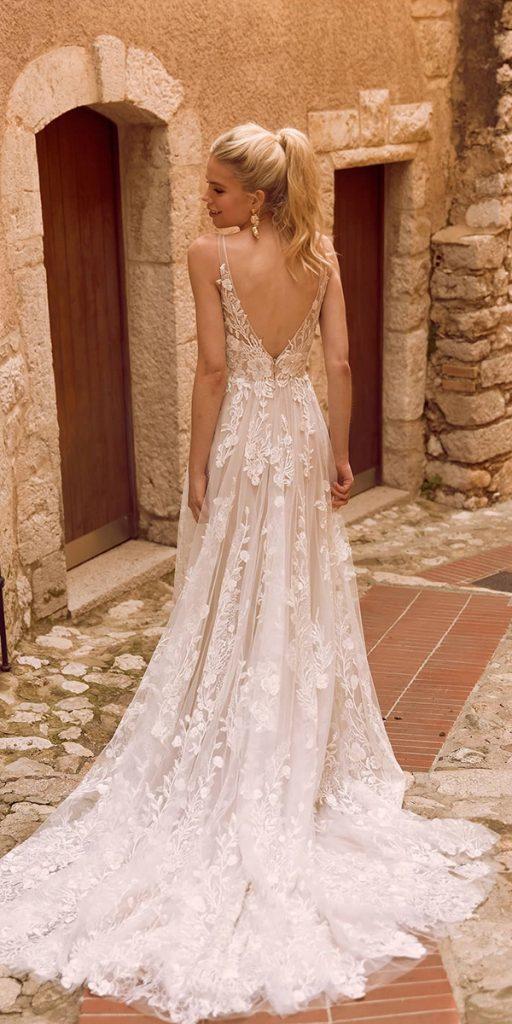  a line wedding dresses v back with straps floral appliques madilanebridal