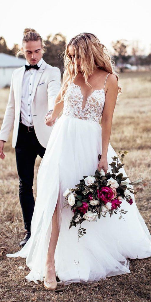 bohemian wedding dresses a line with spaghetti straps lace top goddessbynature