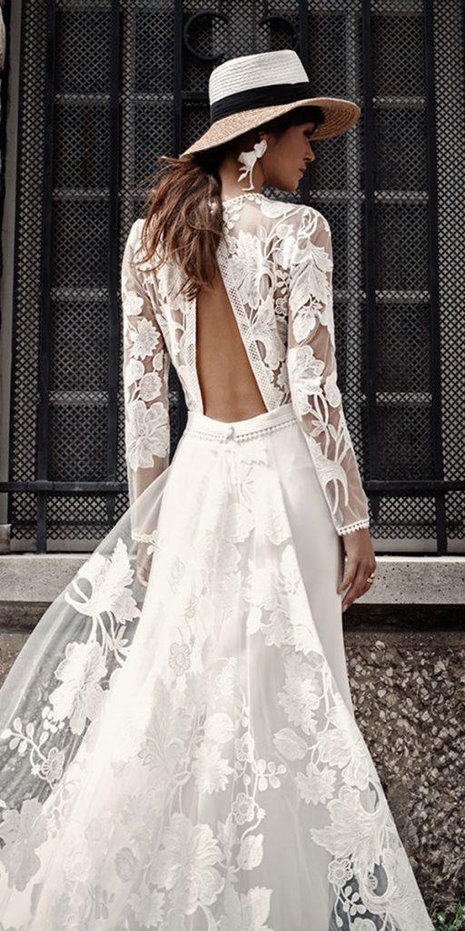 boho wedding dresses with sleeves open back floral lace with hat fabiennealagama