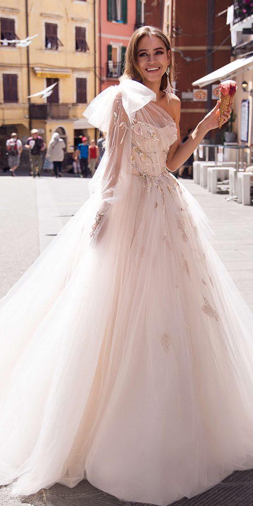 illusion long sleeve wedding dresses ball gown one shoulder with bow ange etoiles