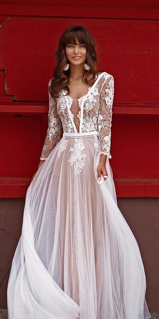 lace bridal gowns a line plunging neckline country boho fabienne alagama