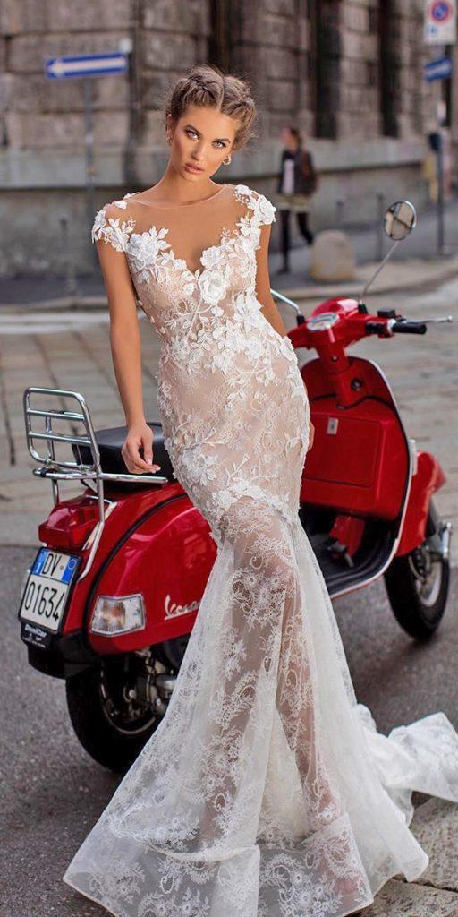 lace bridal gowns it and flare illusion neckline floral tarikedizofficial
