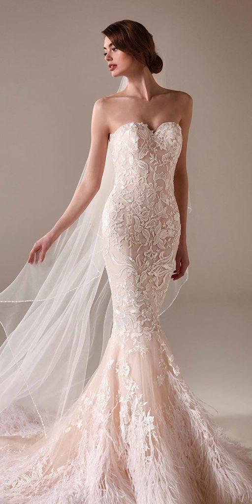 lace bridal gowns mermaid sweetheart strapless neckline blush pronovias