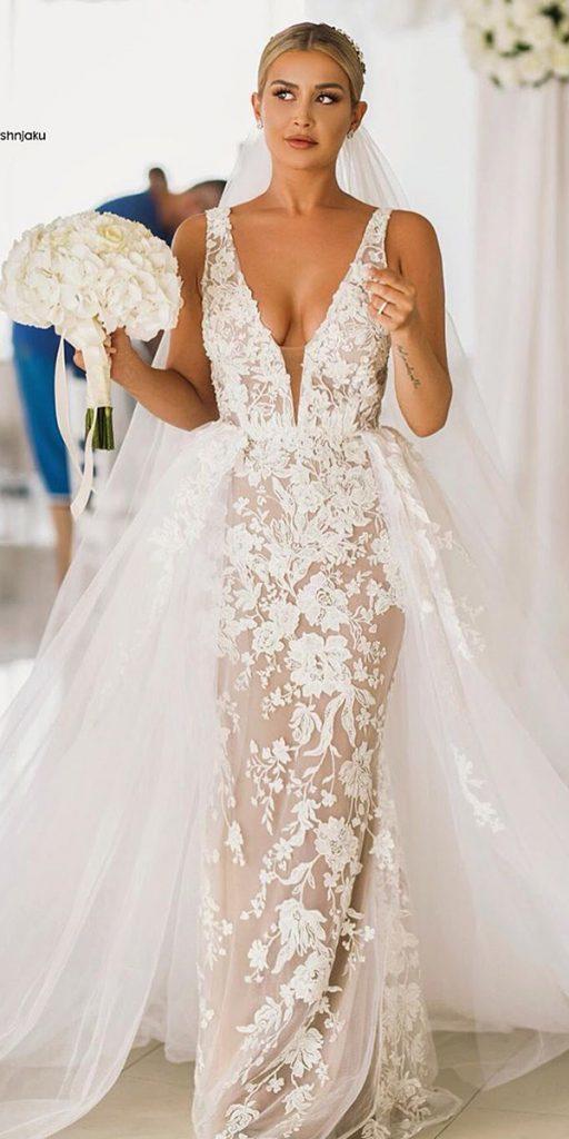 lace bridal gowns sheath deep v neckline with overskirt fjollanilaofficial