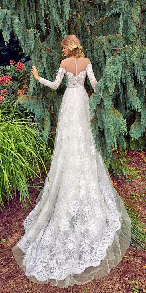 lace bridal gowns with long sleves illusion back train papilio