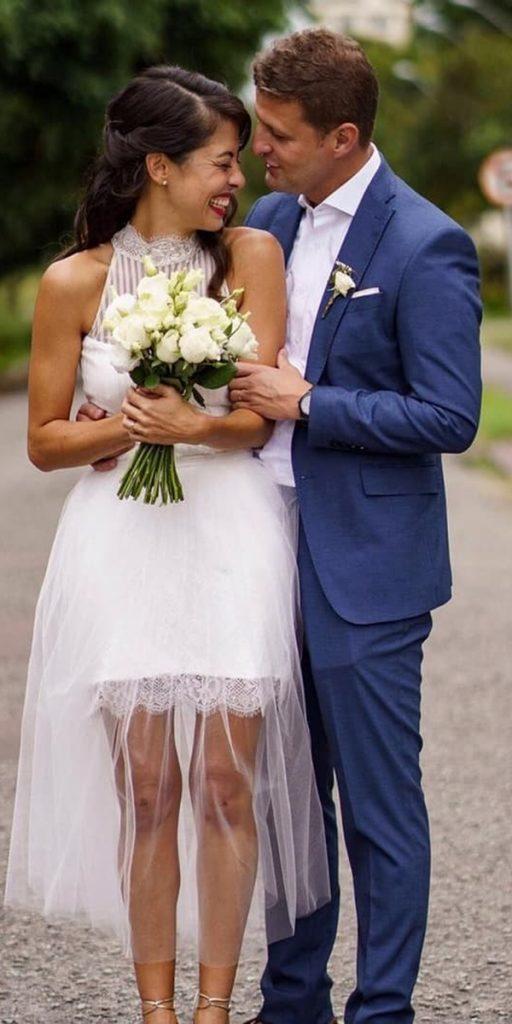 lace short wedding dresses high neck with tulle overskirt arthaatelier