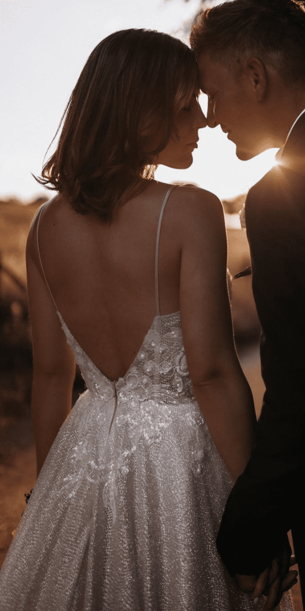open back wedding dresses bride and groom sunset