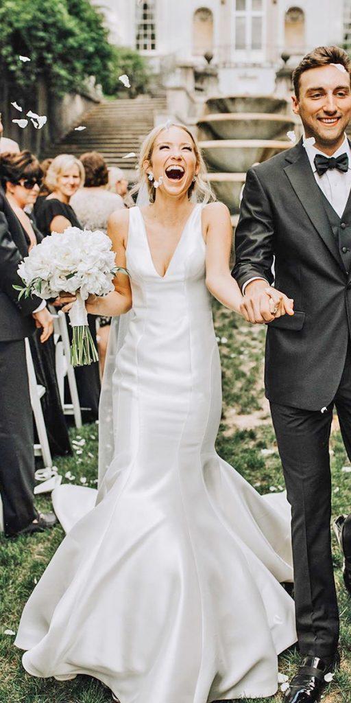 satin mermaid wedding dresses v neckline simple for beach sareh nouri