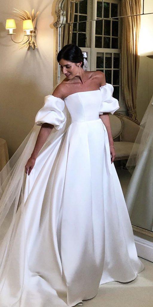 silk wedding dresses a line strapless neckline with puff sleeves simple wanda borges