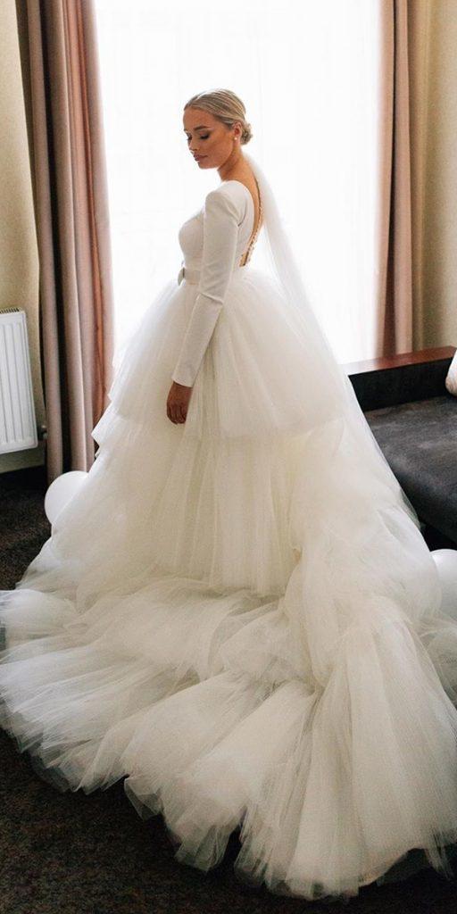 simple wedding-dresses with sleeves ball gown with long sleeves ruffled skirt train milla nova
