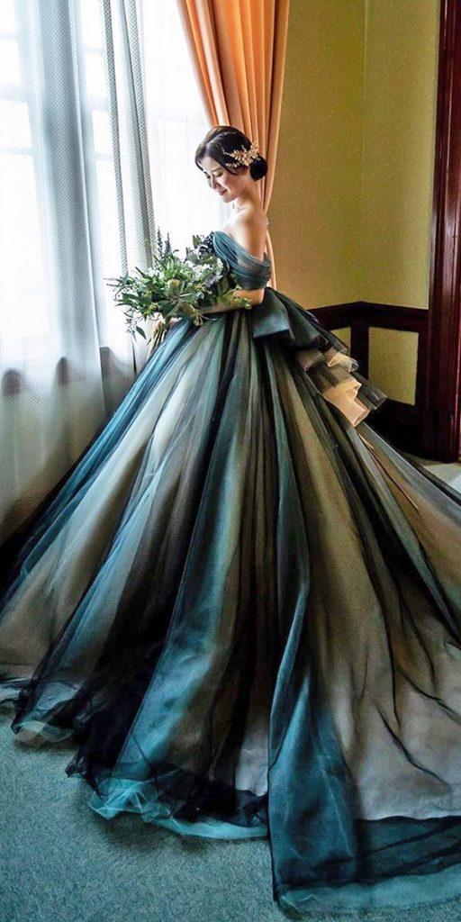 black wedding dresses ball gown off the shoulder tulle skirt with train cocomelodyofficial