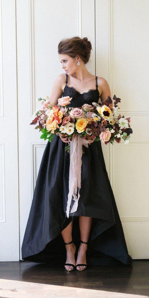 black wedding dresses high low with spaghetti straps lace top corina v