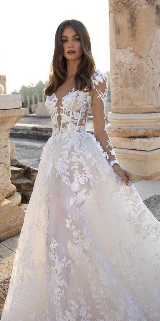 bridal gowns with sleeves a line illusion lace sweetheart neckline pnina tornai
