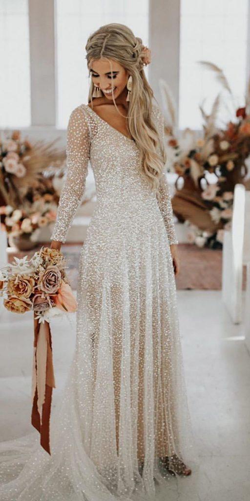 bridal gowns with sleeves a line sequins for fall spring modest anna campbell
