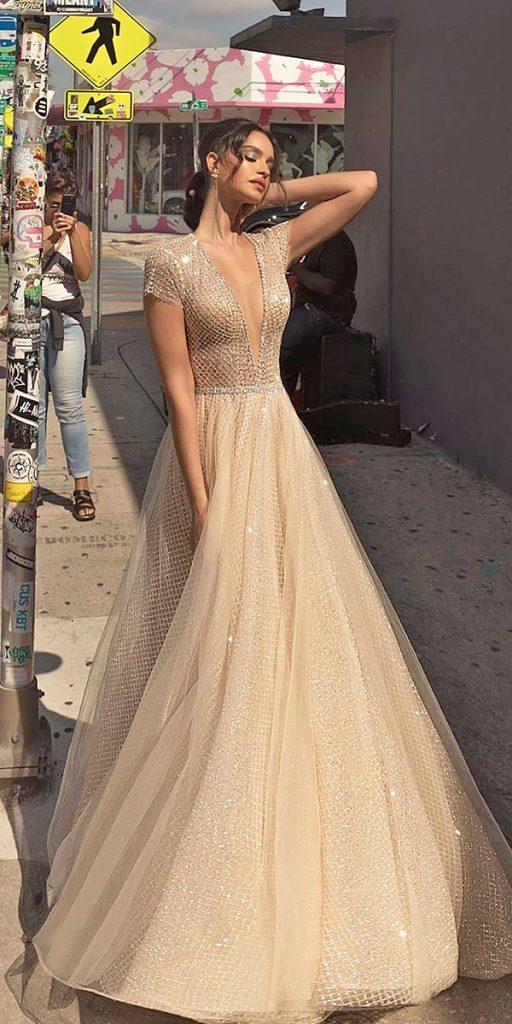 destination wedding dresses a line deep v neckline with cap sleeves sequins crystaldesign