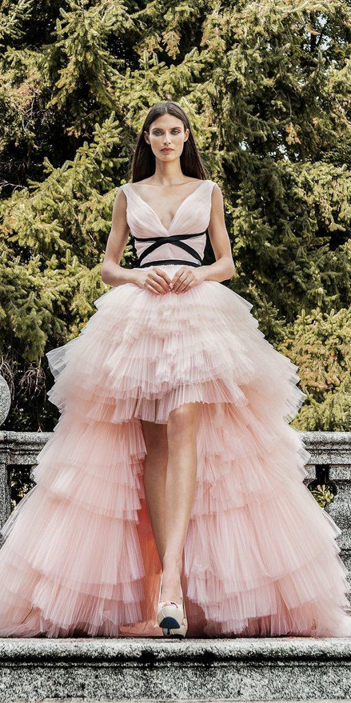 high low wedding dresses blush simple v neckline alessandro angelozzi