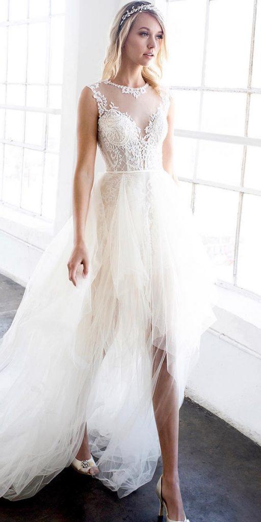 high low wedding dresses illusion neckline lace top sleveless winniecouture