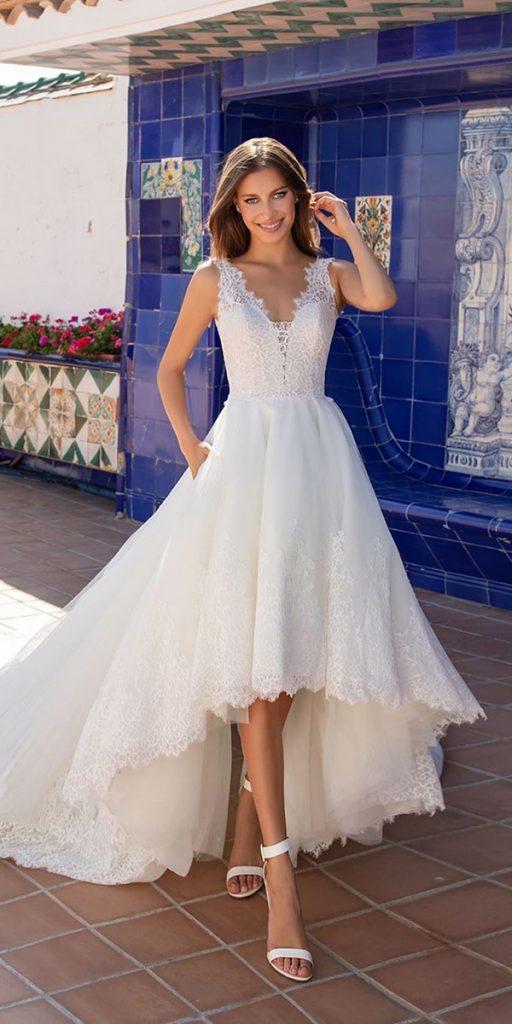 high low wedding dresses lace v neckline with train pronovias