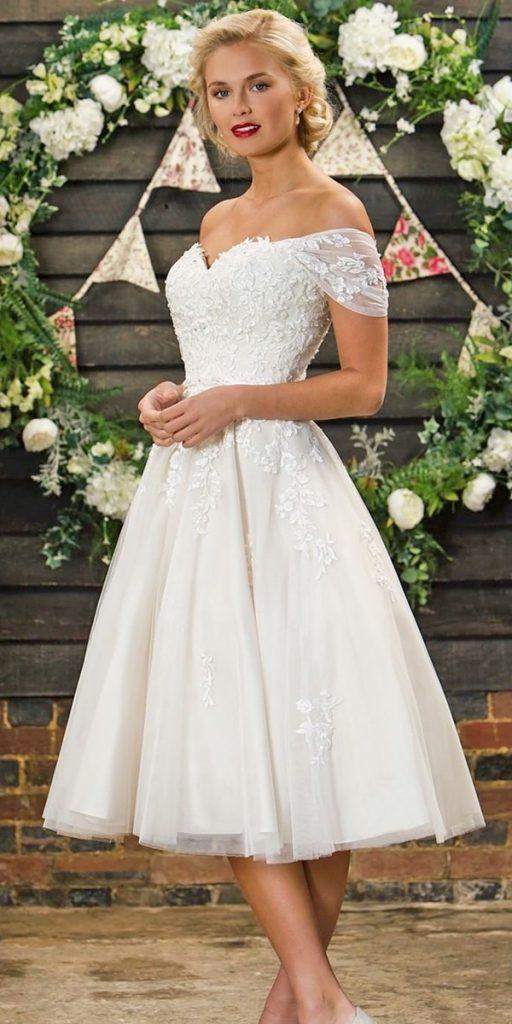 knee length wedding dresses off the shoulder sweetheart neckline lace truebride