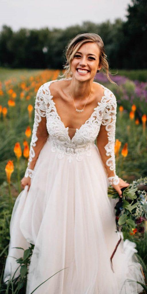 rustic lace wedding dresses a line with illusion long sleeves kimberly mitiska photography