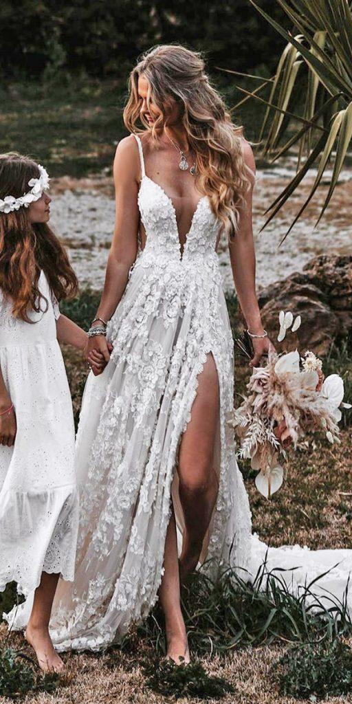 rustic lace wedding dresses a line with spagheti straps plunging neckline tali photo