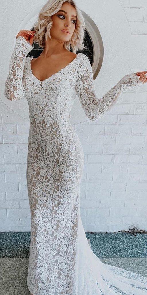 rustic lace wedding dresses sheath with long sleeves v neckline liribridal