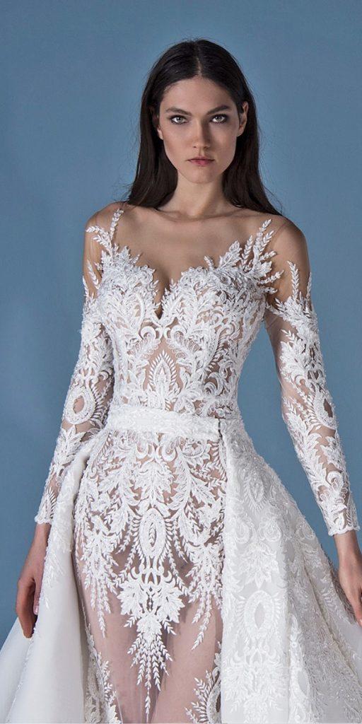 unique-lace wedding dresses sheath with illusion sleeves with overskirt sexy valdrinsahitiofficial