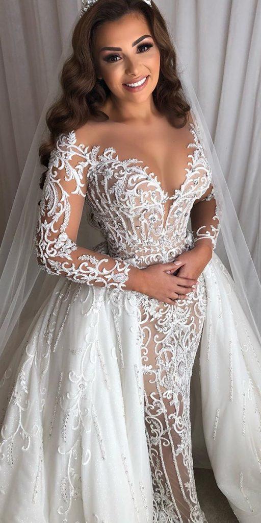 unique lace wedding dresses with illusion long sleeeves sweetheart neckline overskirt leahdagloria