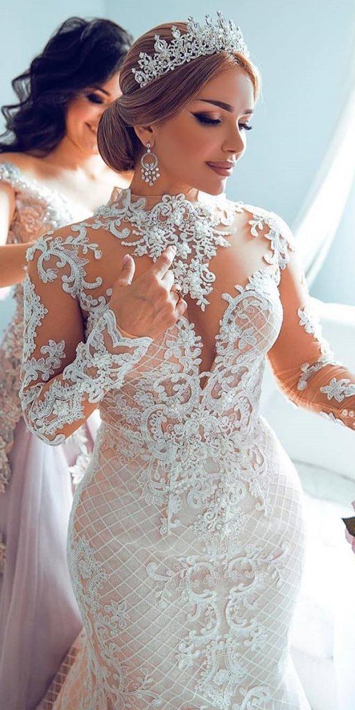 unique lace wedding dresses with sleeves high neck vintage eden haute couture