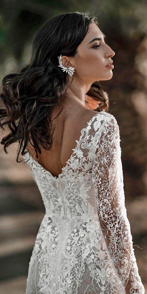vintage lace wedding dresses with long sleeves v back crystaldesign