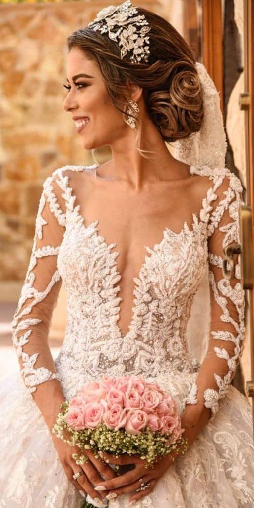 wedding dresses with lace sleeves ball gown sexy deep v neckline walidshehabhautecouture