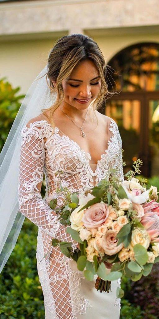 wedding dresses with lace sleeves sheath sweetheart neckline v neckline pninatornai