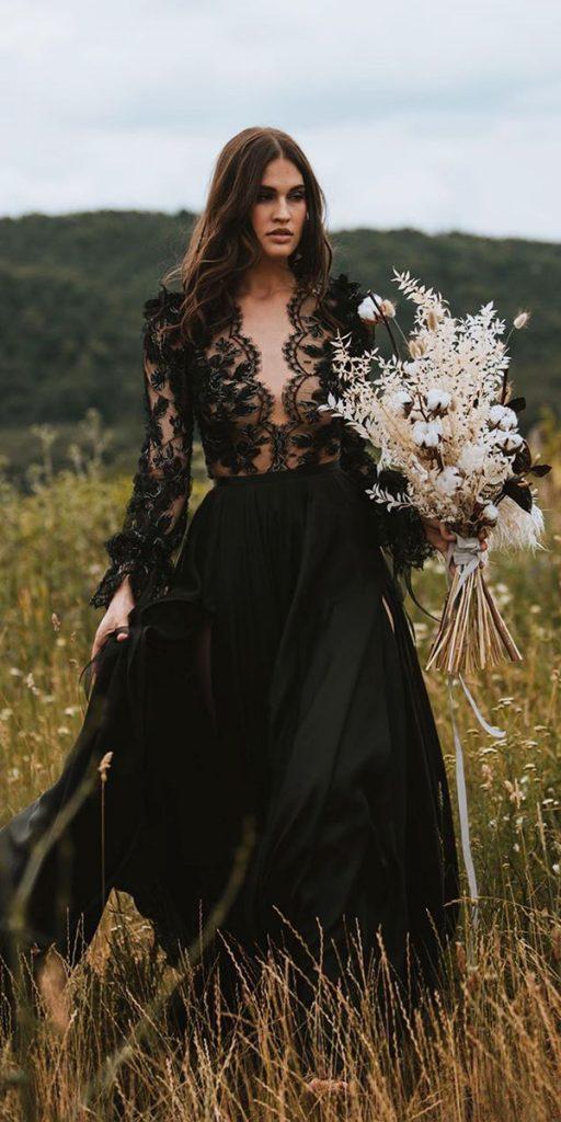 black wedding dresses a line lace top with long sleeves country daalarnacouture