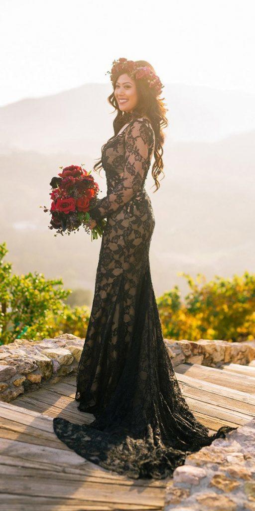 black wedding dresses sheath with long sleeves full lace jojo bride