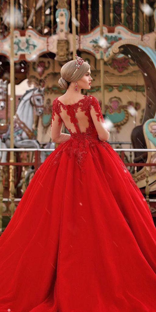 gothic wedding dresses red ball gown with illusion long sleeves lace back juxhinkurti
