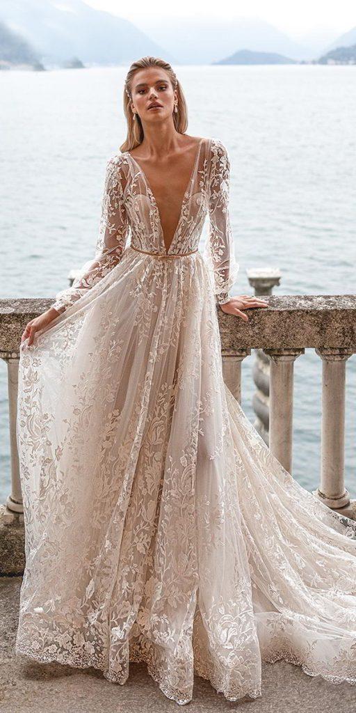 illusion long sleeve wedding dresses a line deep v neckline floral julie vino