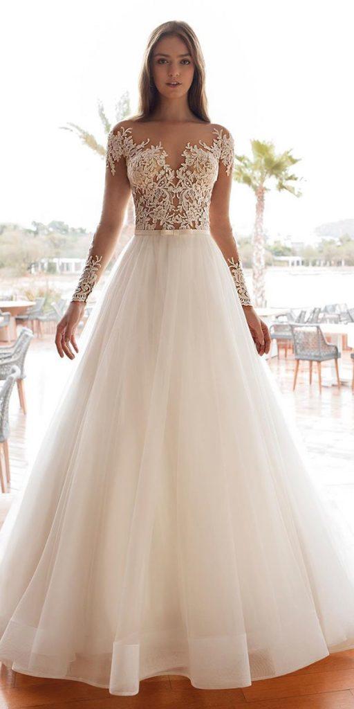 long sleeve wedding dresses a line lace neckline demetriosbride