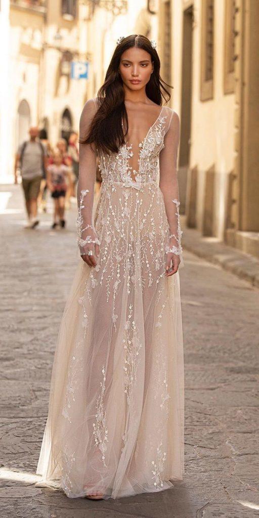 illusion long sleeve wedding dresses a line sexy plunging neckline beach berta